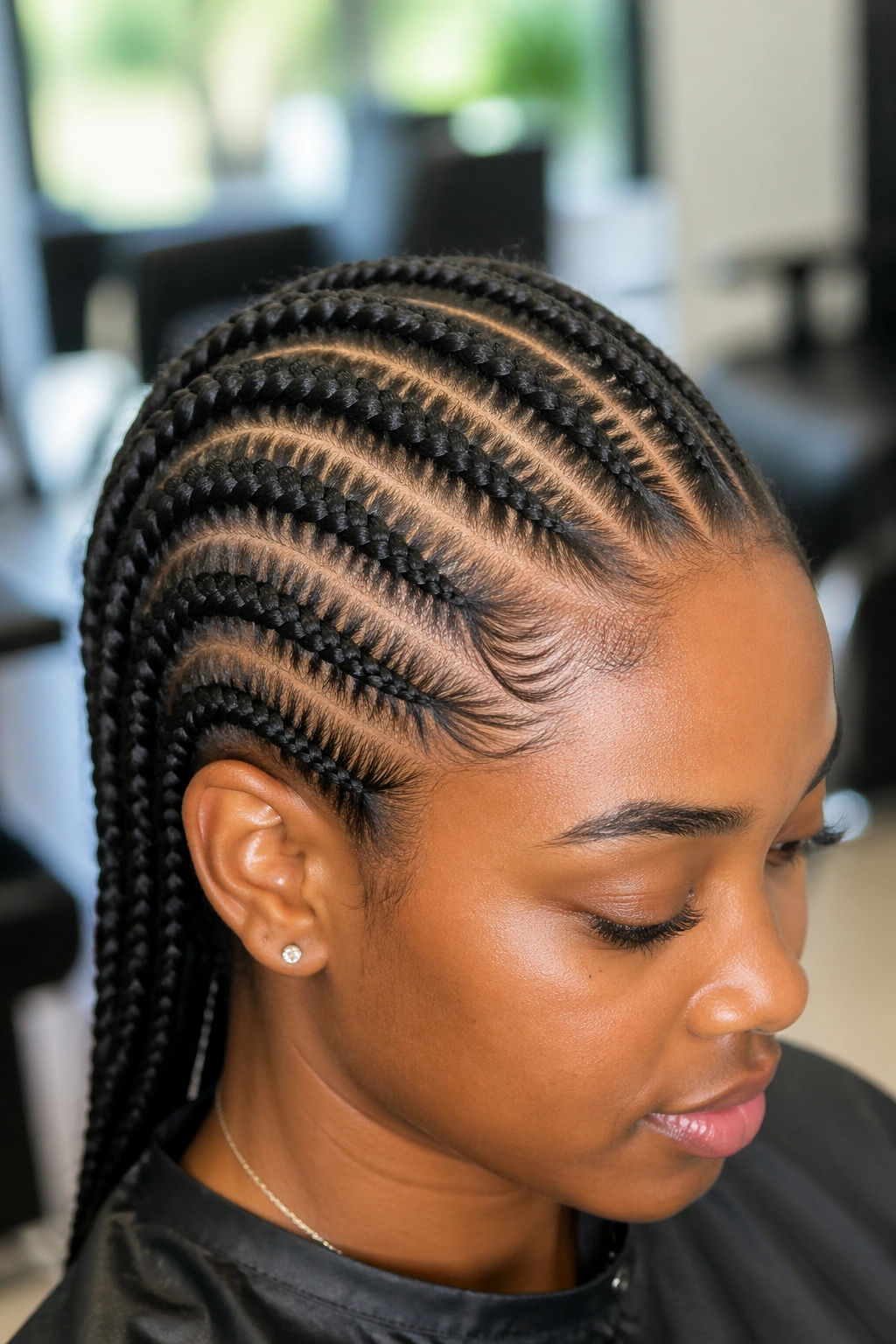 Close-up of a small cornrow along the scalp on a real person