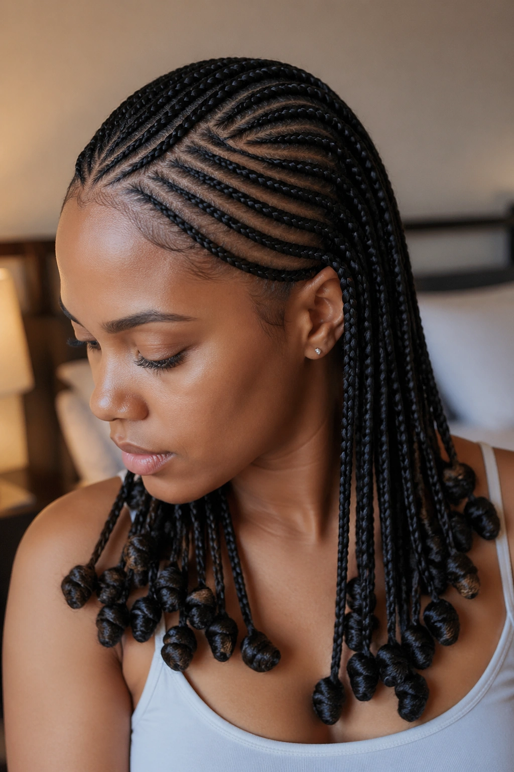 Close-up of cornrows with bantu knot ends on a real woman