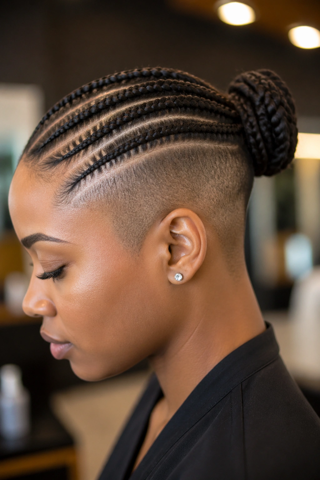 Close-up portrait of a real person with small cornrows and a back bun.