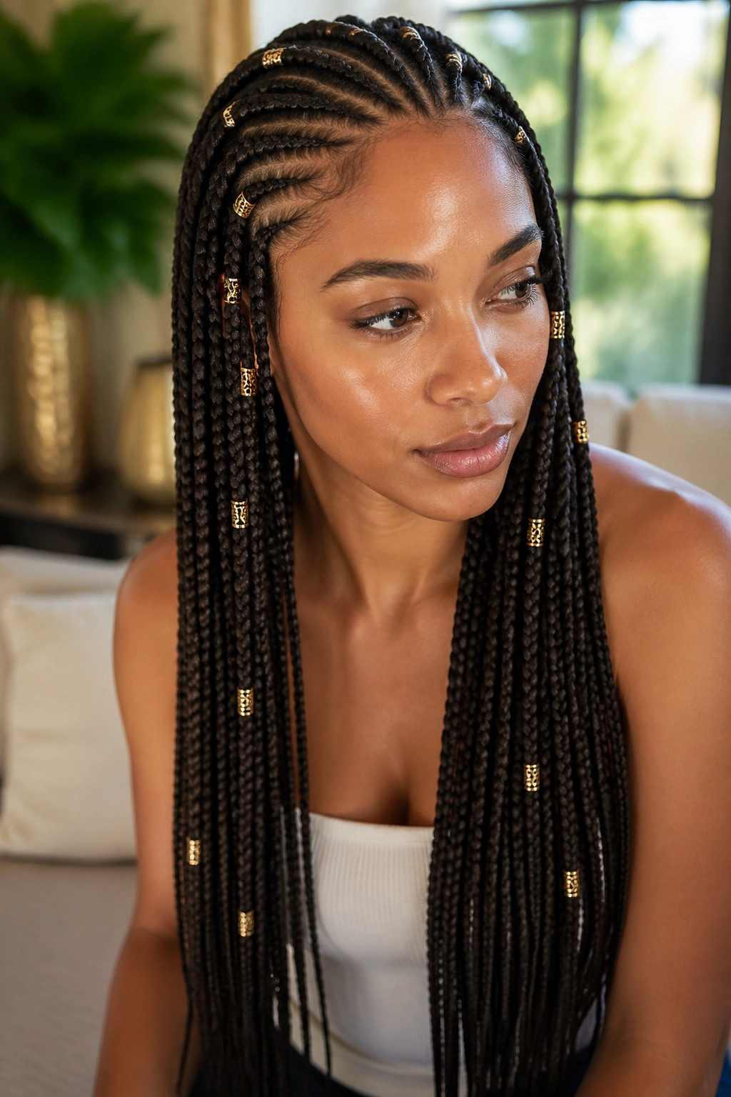 Close-up of small cornrows with decorative cuffs on a real woman