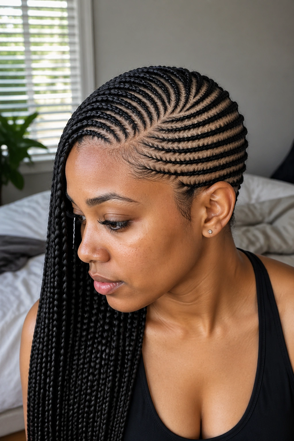 Side-profile of lemonade pattern cornrows across the head on a real woman