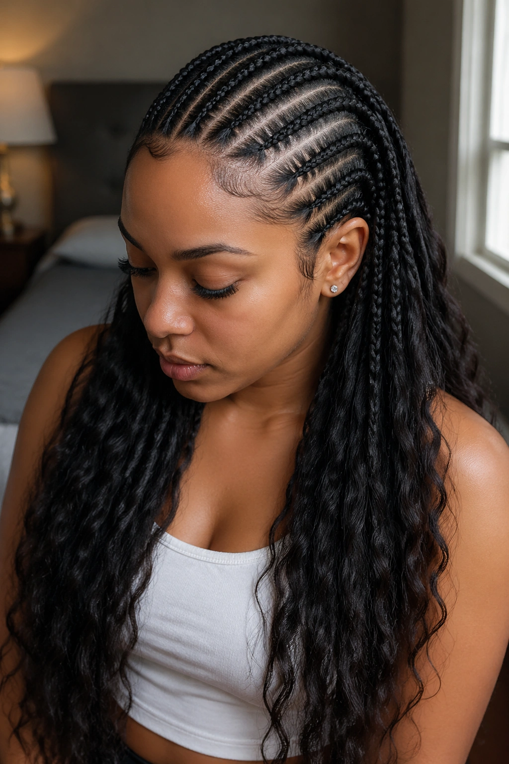 Close-up portrait of a real woman with small cornrows on long hair.