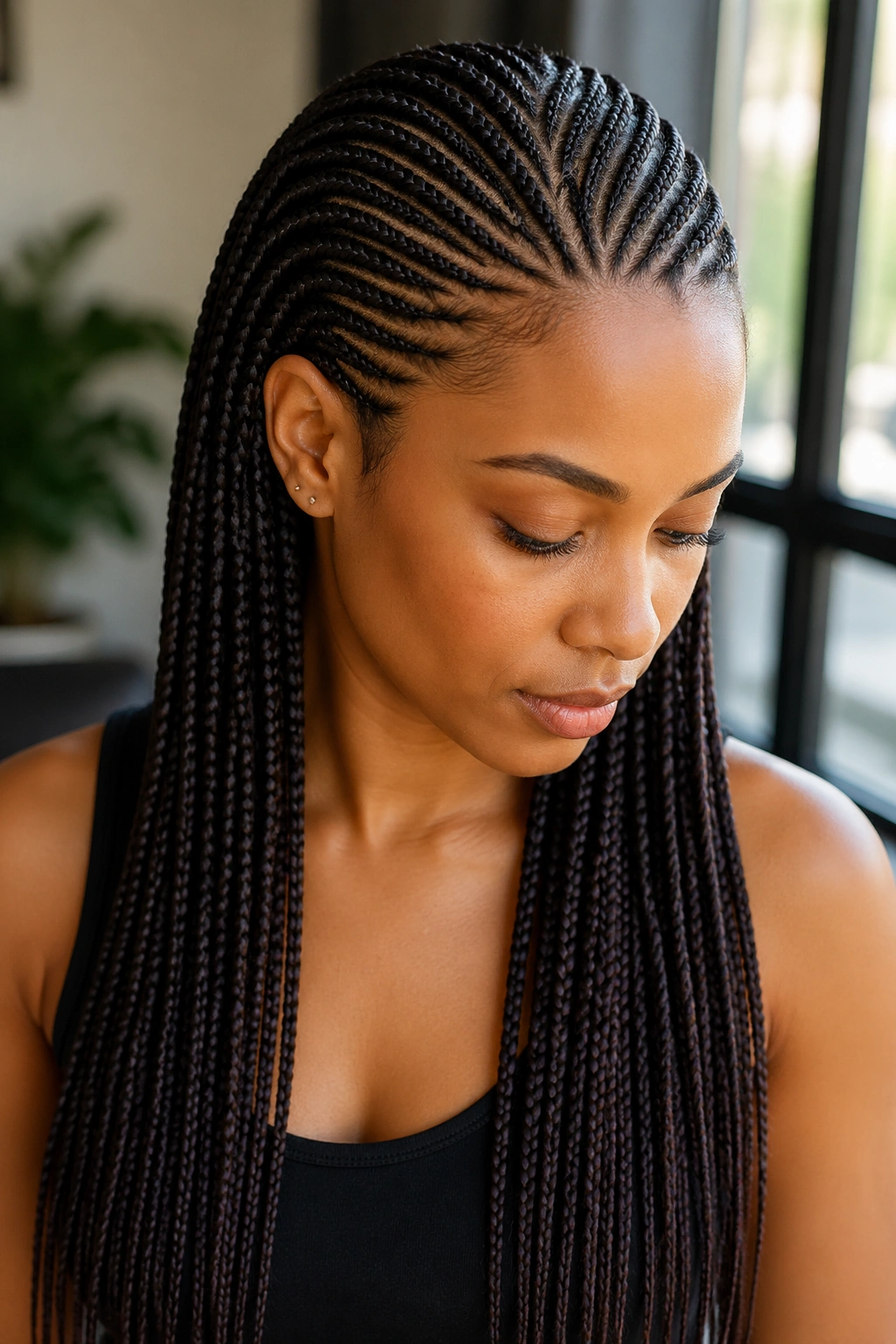 Close-up of real person with dense small cornrows on long hair.