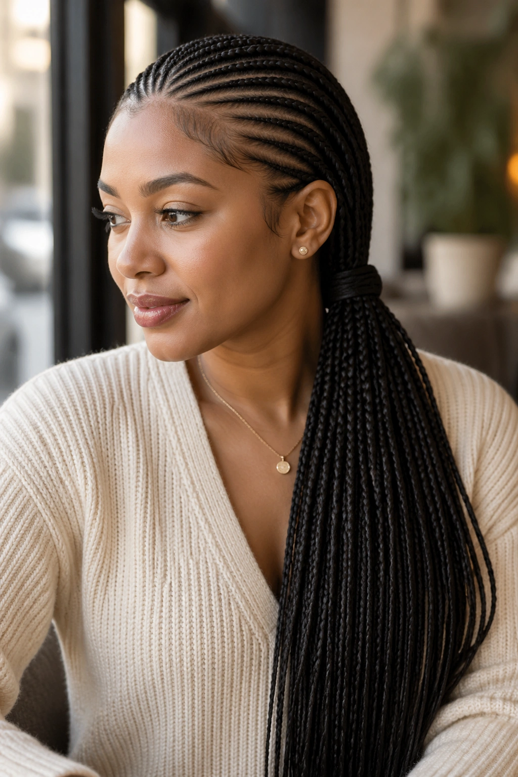 Close-up of cornrows forming a low side ponytail on a real woman
