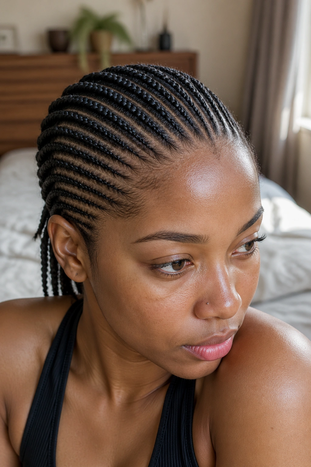 Close-up of a real person with small cornrows across the scalp