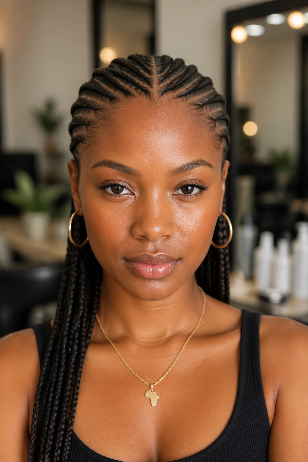 Portrait of a real person with small cornrows from hairline to crown