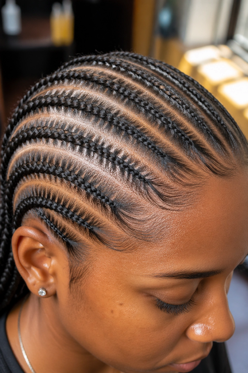 Close-up of a small cornrow along the scalp on a real person in a salon