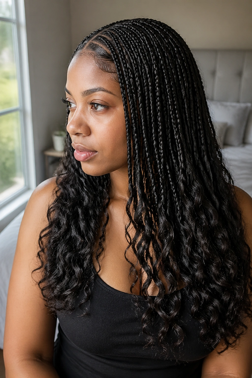Close-up of small cornrows with wave-set ends on a real woman under warm window light