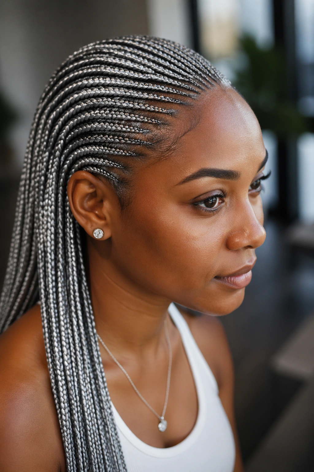 Dense small-gauge silver cornrows on real person