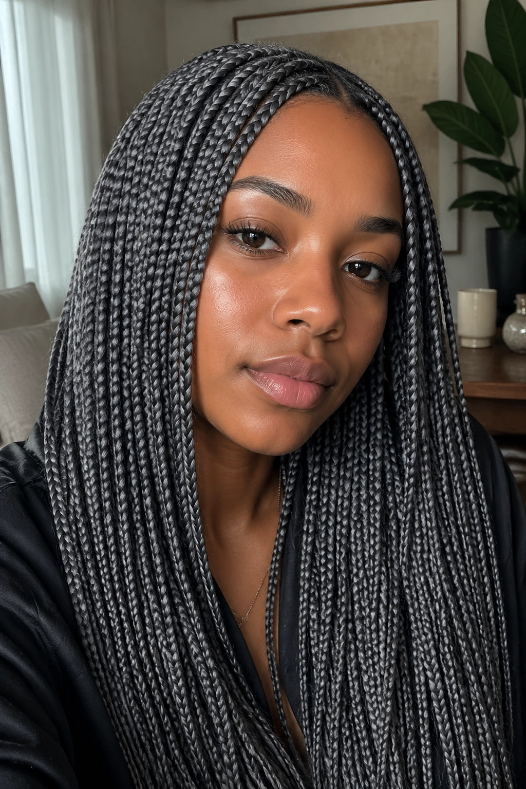 Close-up of dense small grey box braids on a real woman