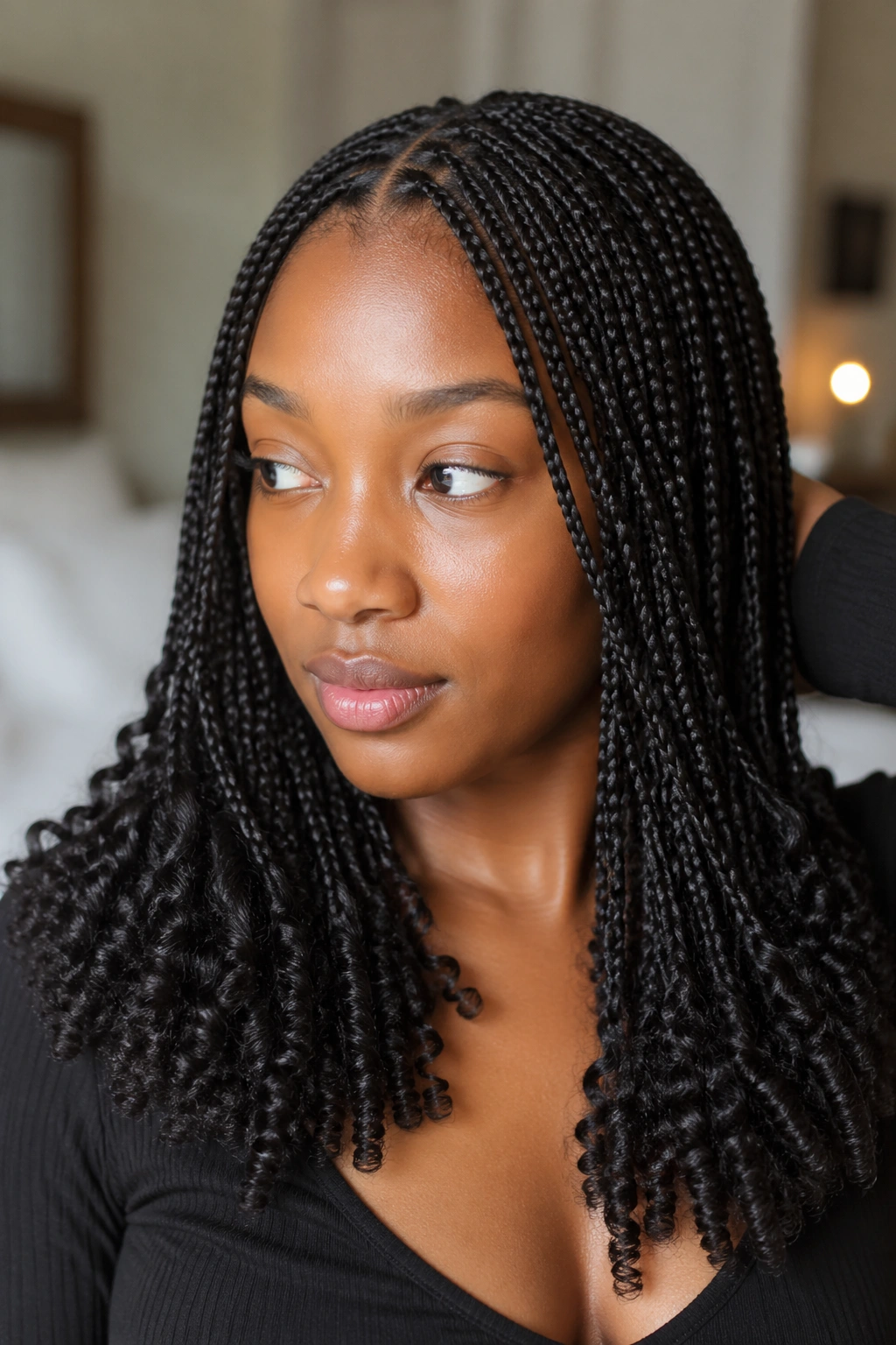 Real woman with small knotless braids and coily natural ends