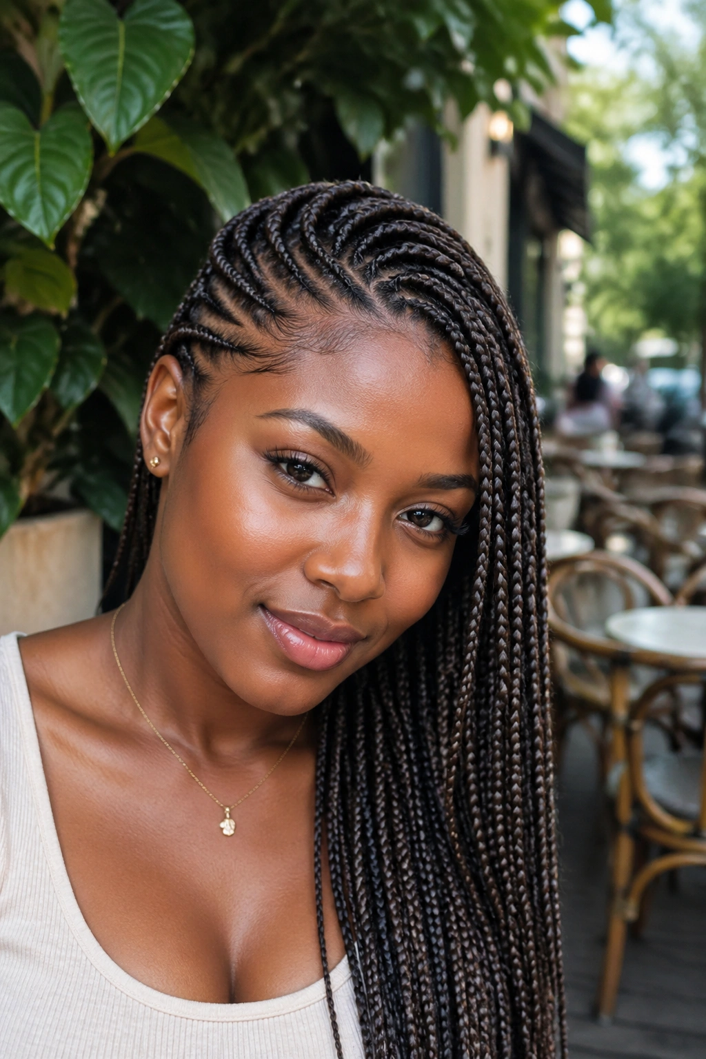 Real woman with small lemonade box braids in an outdoor cafe setting.