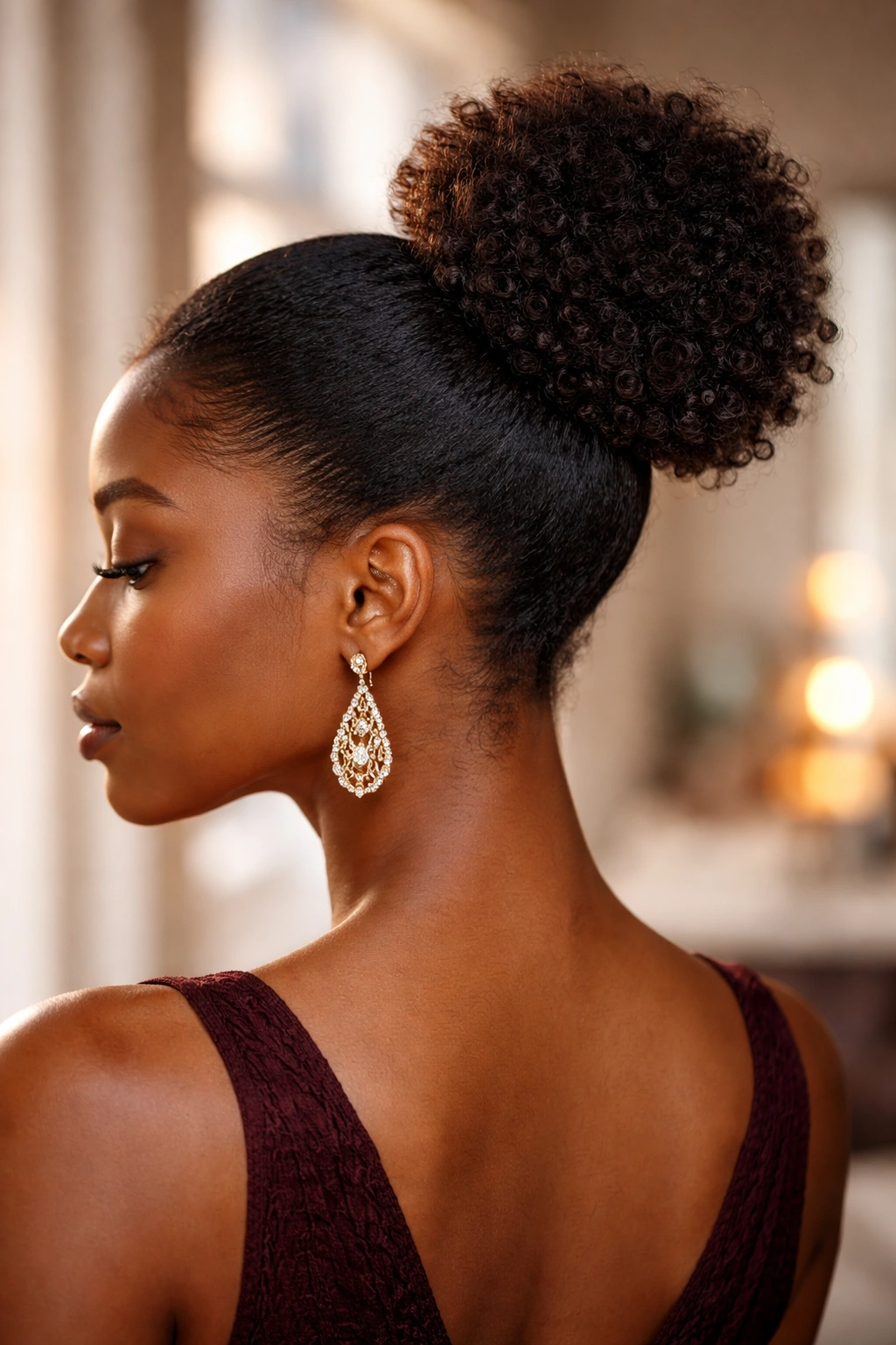 Side-profile of a real woman with a small puff and exposed nape