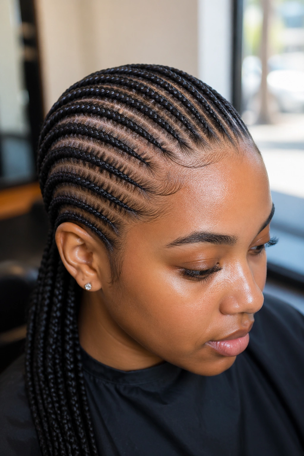 Portrait of a real person with dense small-scale cornrows along the scalp