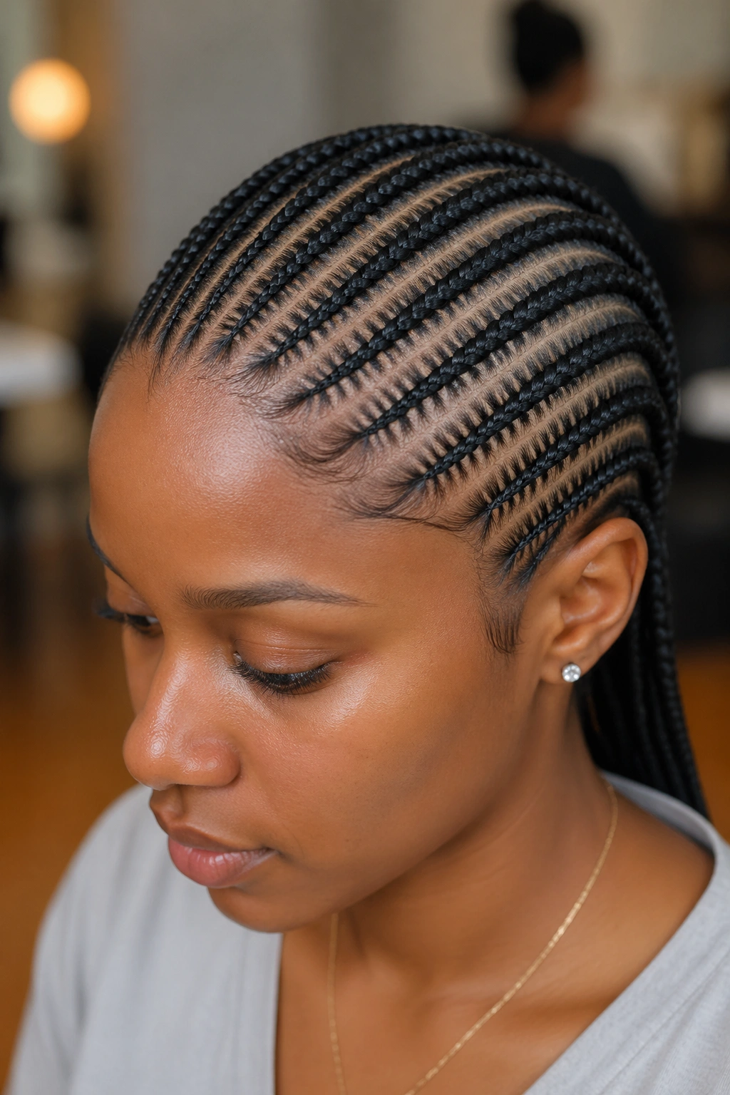 Close-up of a real person’s head showing crisp, defined small-stitch cornrows in a salon.