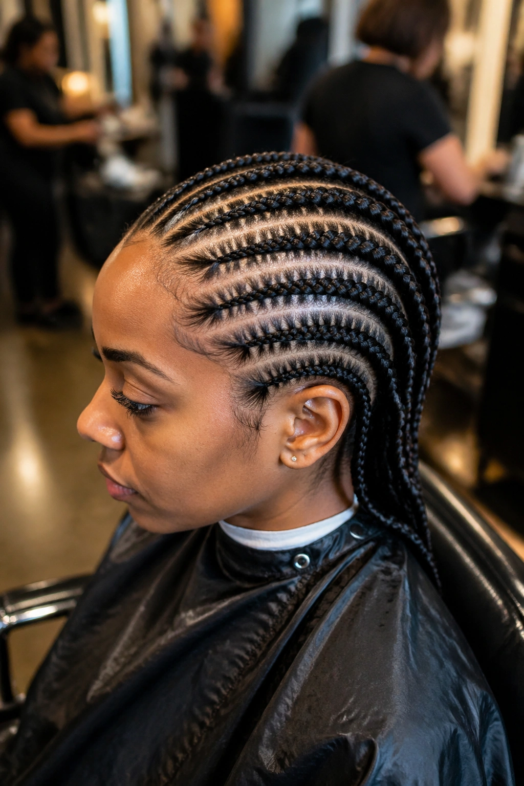 Medium close-up of a real person in a salon chair with scalp parting lines for small stitch cornrows.