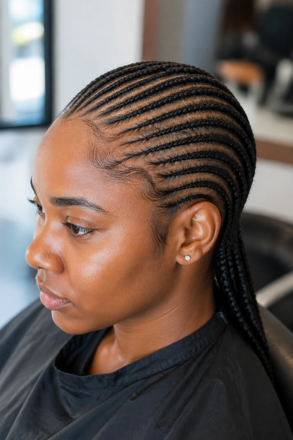 Close-up of a real person’s scalp with tight small-stitch cornrows along the hairline.