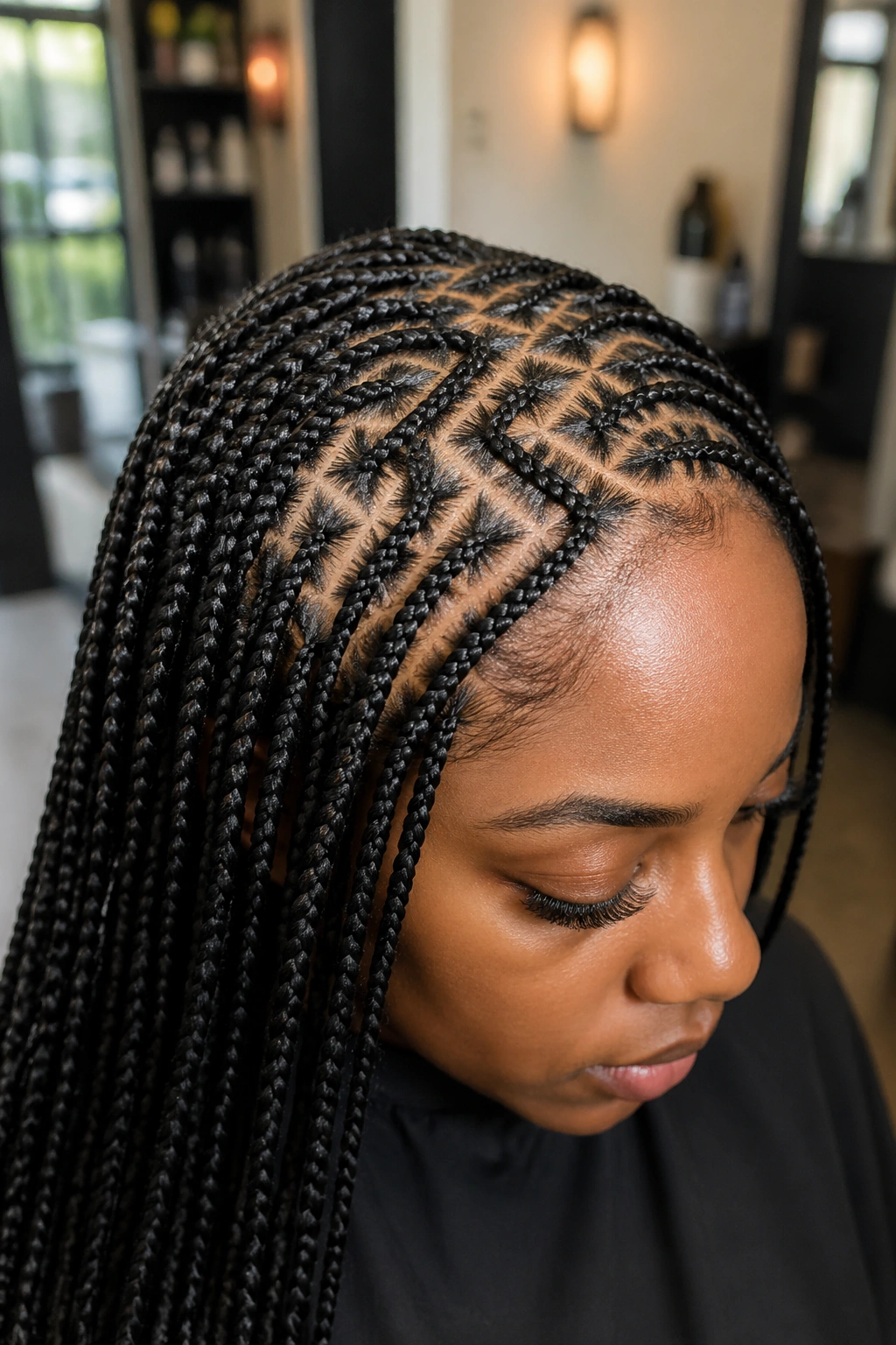 Close-up of a real person with small zigzag box braids and tight parting along the scalp.