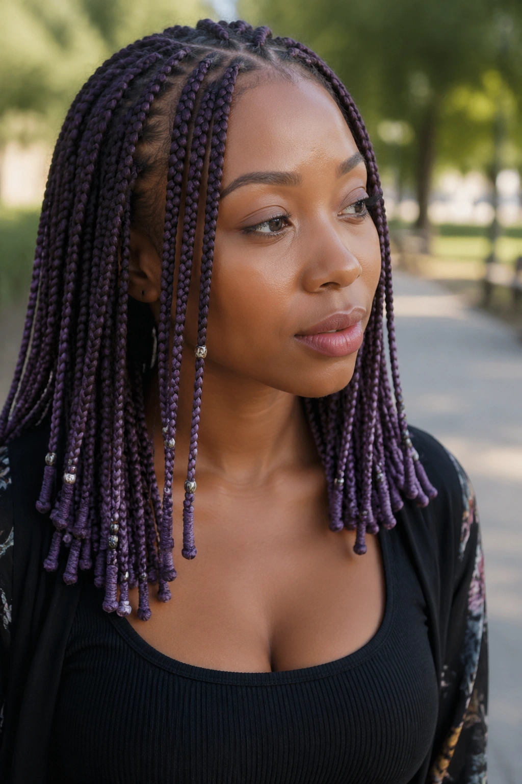 Close-up of a real person with smoke purple braids beads and wrapped ends