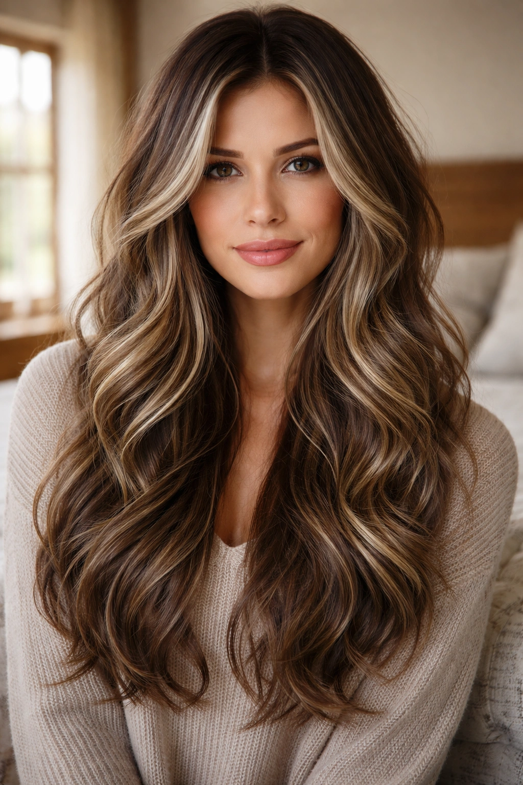 Close-up of real woman with long wavy hair showing smoky ash lowlights and vanilla face-framing pieces