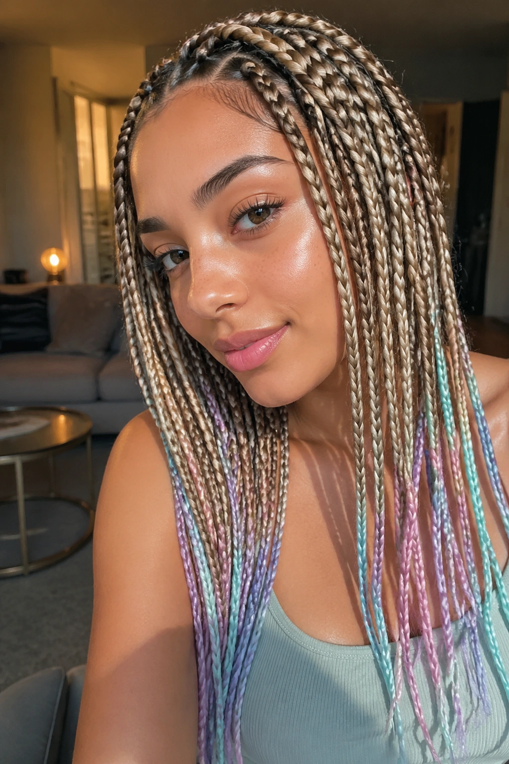 Close-up of smoky blonde braids with pastel rainbow tips on a real person