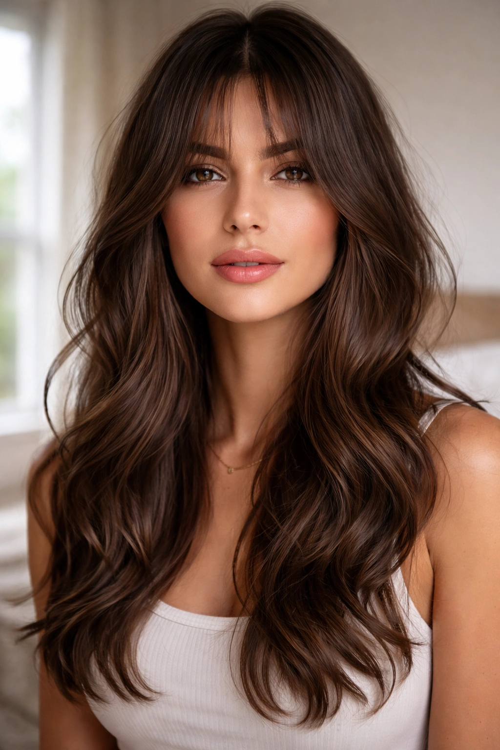 Close-up portrait of a woman with smoky brunette hair and barely-there curtain bangs in natural window light