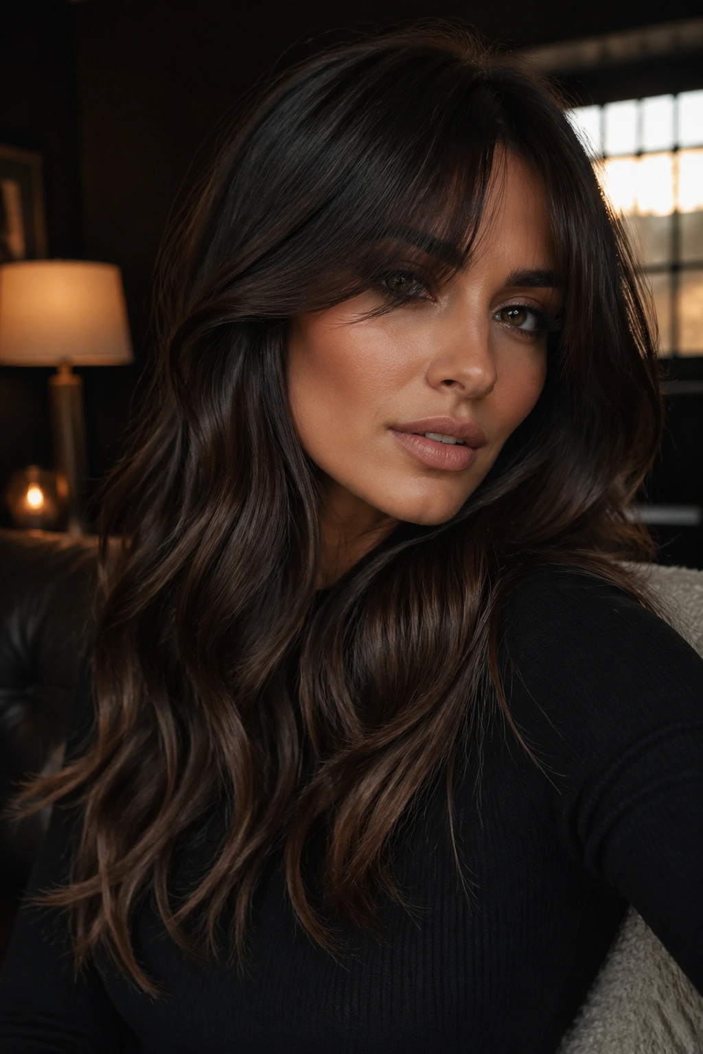 Close-up portrait of a real woman with smoky brunette waves and cheekbone bangs