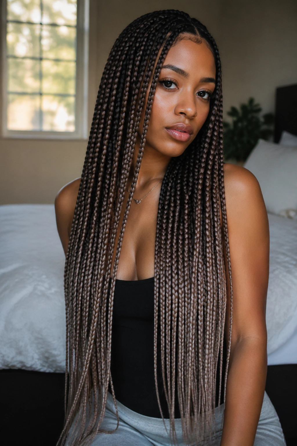 Close-up portrait of a real woman with smoky brown ombre waist-length box braids