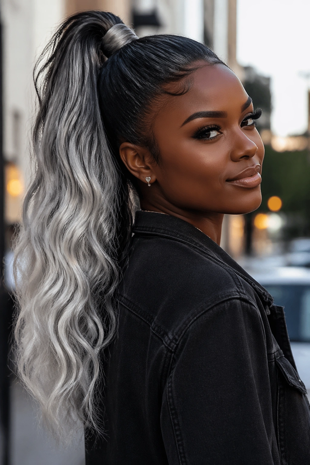 Close-up of a real Black woman with smoky silver ponytail in urban outdoor light