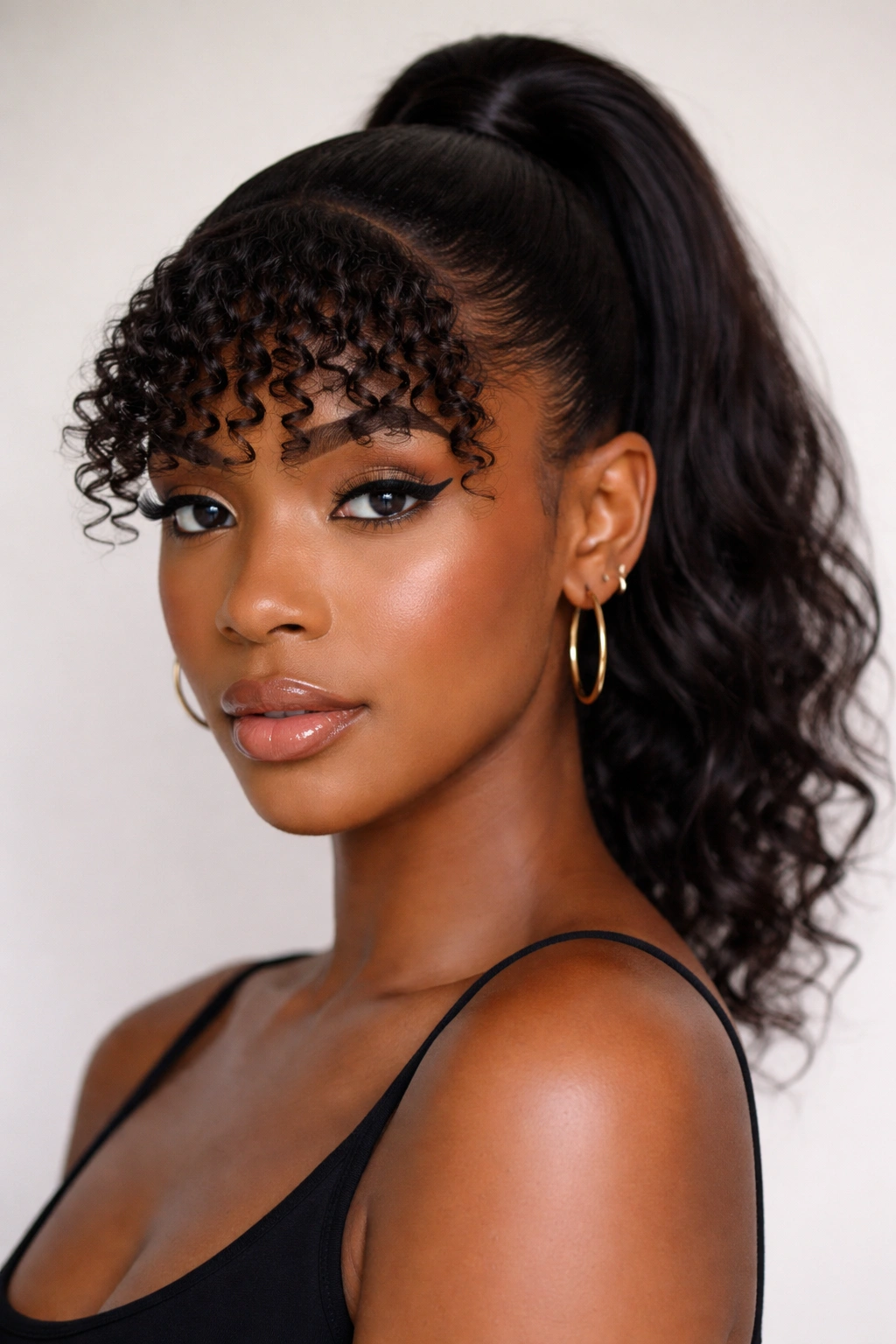 Black woman with smooth crown ponytail and coily bangs
