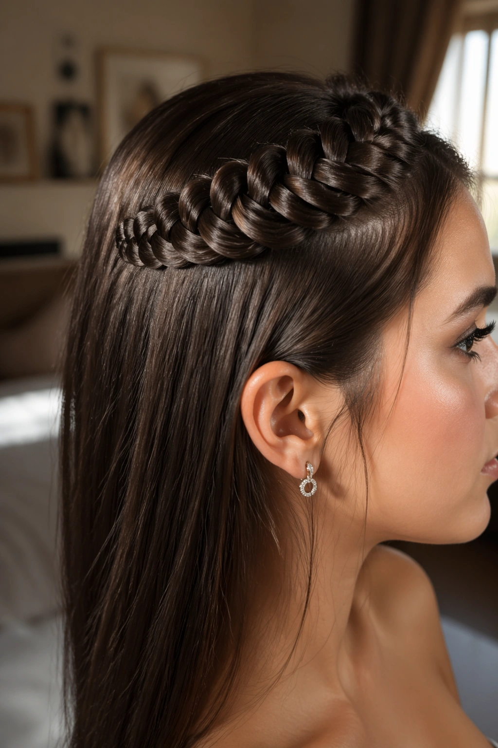 Close-up of a woman with a sleek coil snake braid across the crown and straight hair underneath.