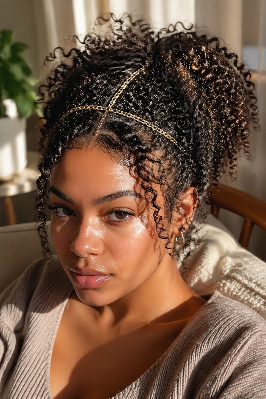 Close-up of a woman with a thin snake chain woven through curls at the parting line.