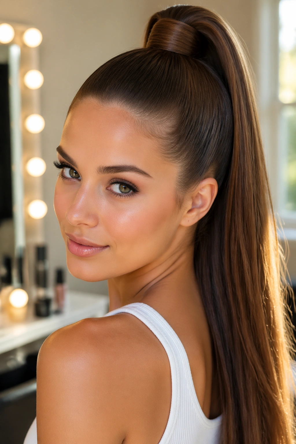Portrait of a real woman with a snatched high ponytail above the crown