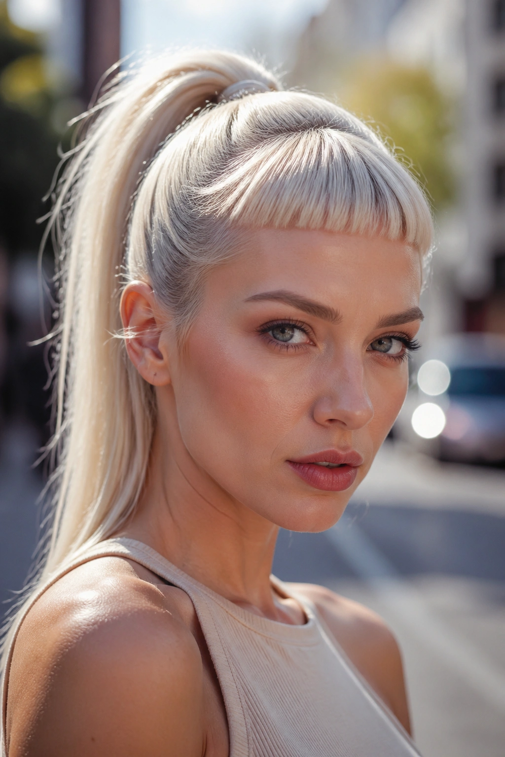Close-up of a real woman with snatched blonde ponytail and micro bangs in daytime urban light