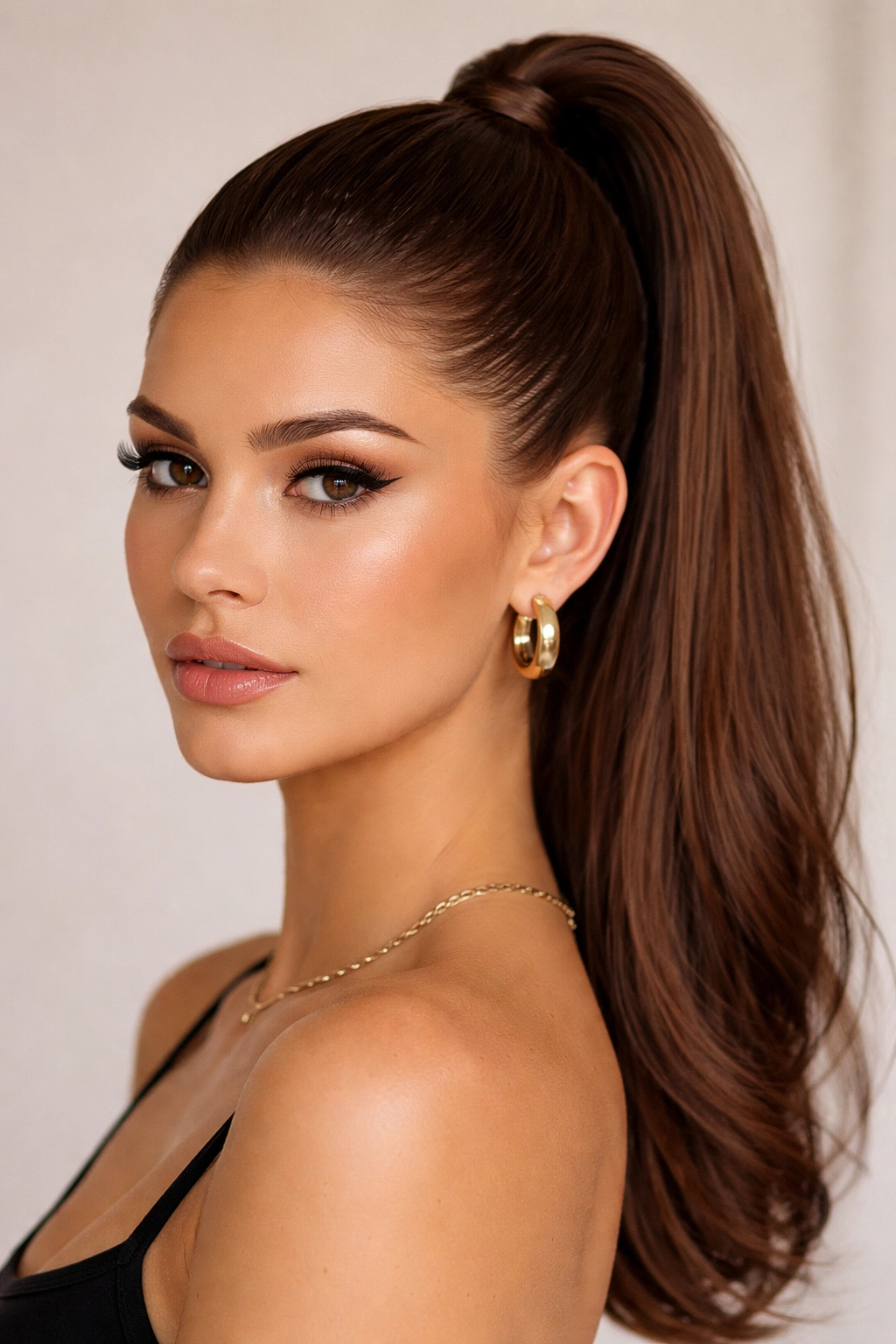 Tight warm brunette high ponytail with a crisp hairline
