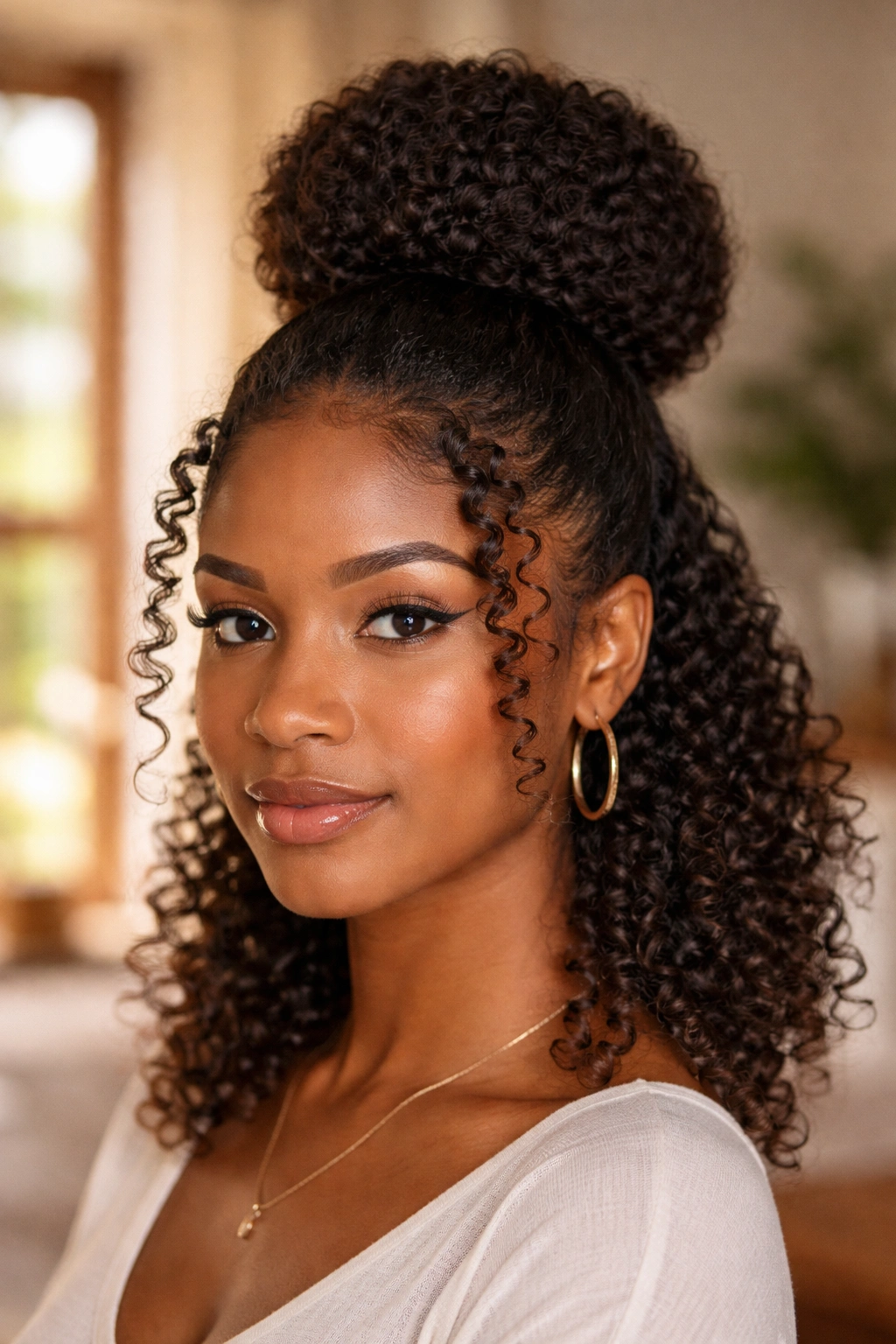 Close-up of sock bun with spirals on a real woman