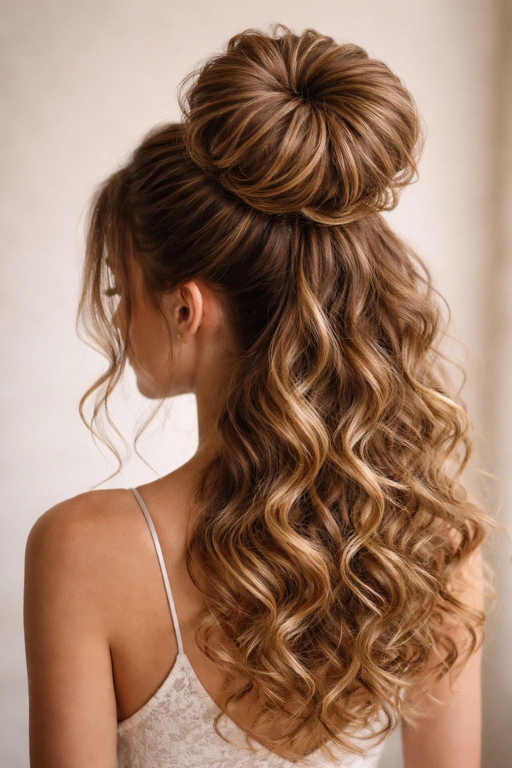 Tall sock bun with curls fanning around the base on the crown