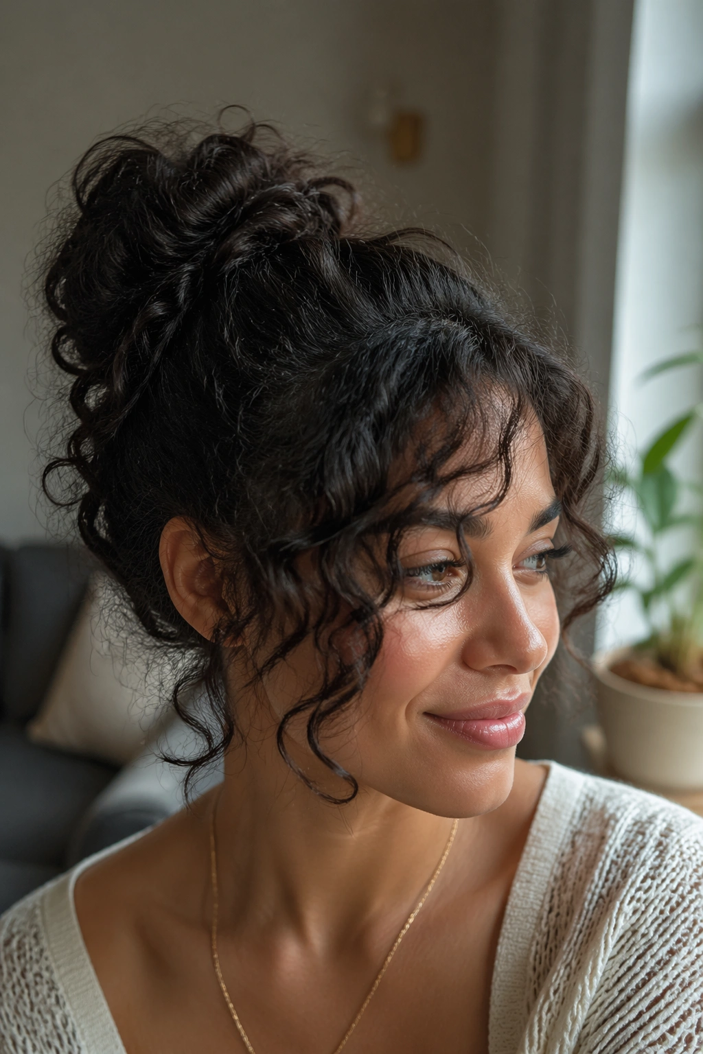 Close-up of a real woman with a sockless textured bun and side bangs in natural light.