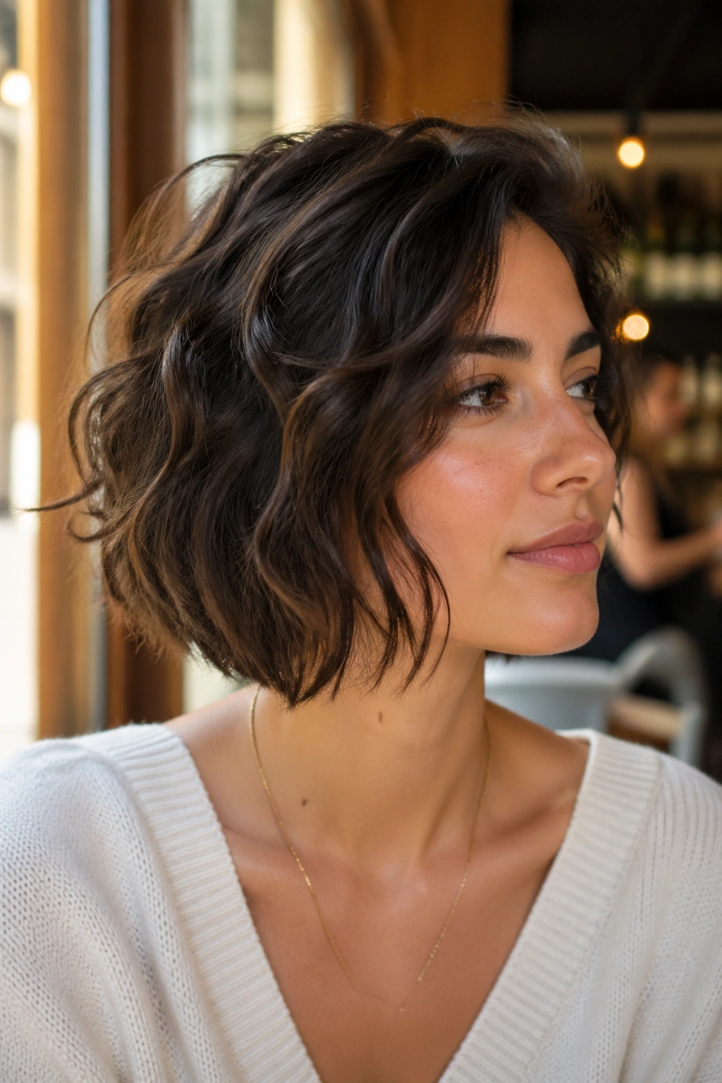 Close-up portrait of a real person with a soft angled bob in a sunlit cafe