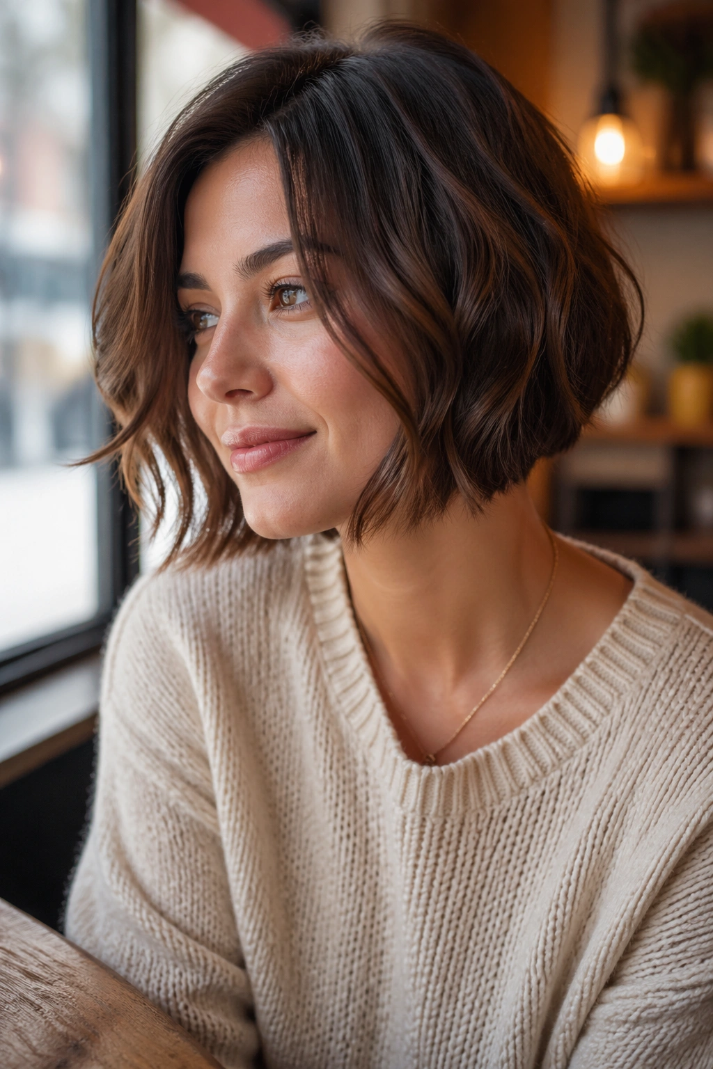 Close-up of real woman with Soft A-Line Bob in cafe window light