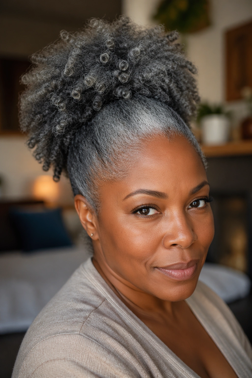 Close-up of a real woman with a soft afro puff ponytail in a home setting