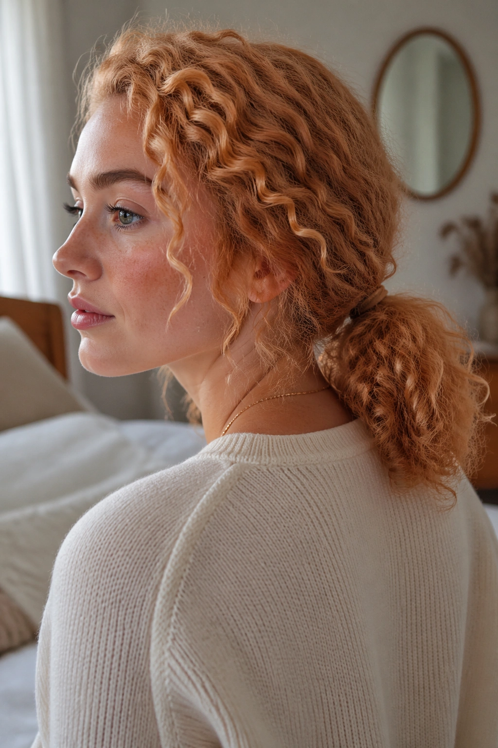 Close-up of soft apricot low ponytail on a real woman