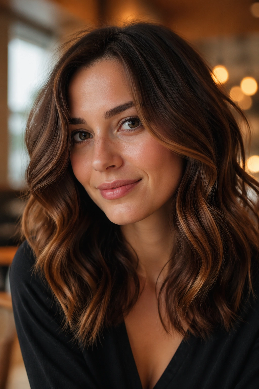 Close-up of a real woman with soft auburn accents in medium waves