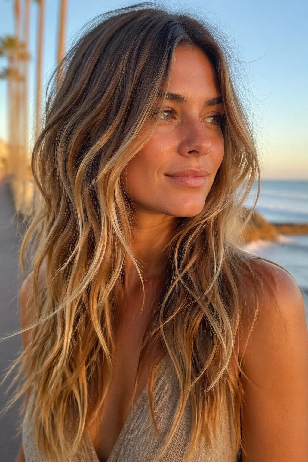 Close-up of a real woman with long soft beach waves and layered perimeter, photographed on a sunny boardwalk.