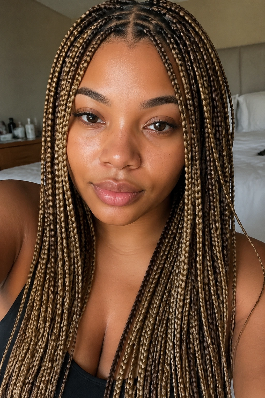 Close-up of a real woman wearing Soft Beige and Chestnut Small Braids in Soft beige and chestnut tones