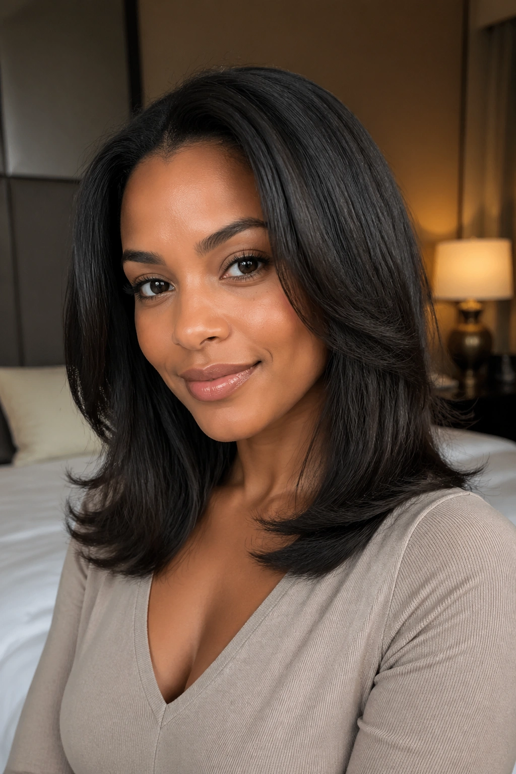 Close-up of a real person with softly bent ends on a blowout hairstyle