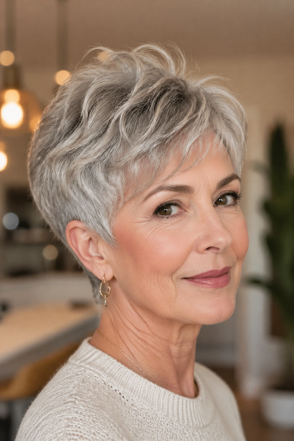 Real woman wearing a soft bixie with crown height lift