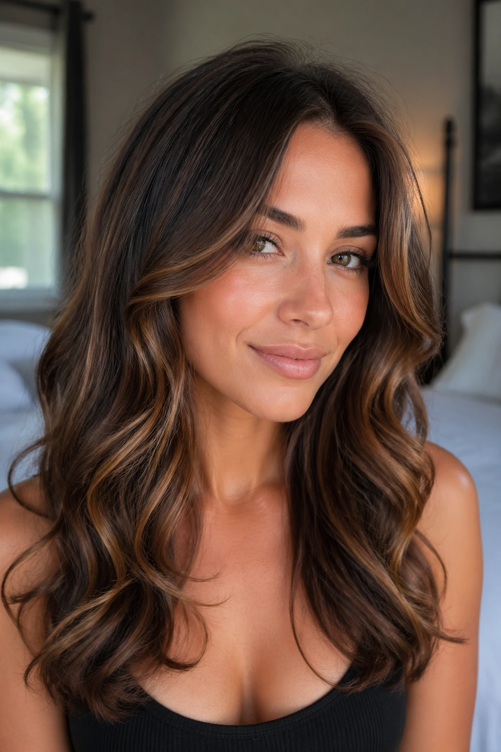 Close-up portrait of a real woman with soft blowout waves and face-framing front pieces under warm window light