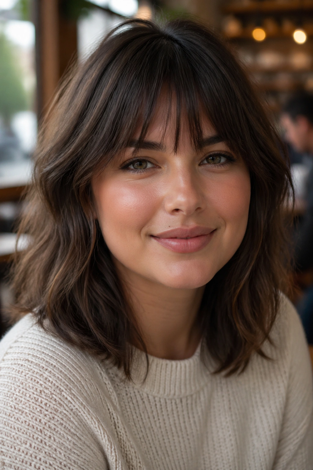 Close-up of soft blunt bangs with broken texture on a real person