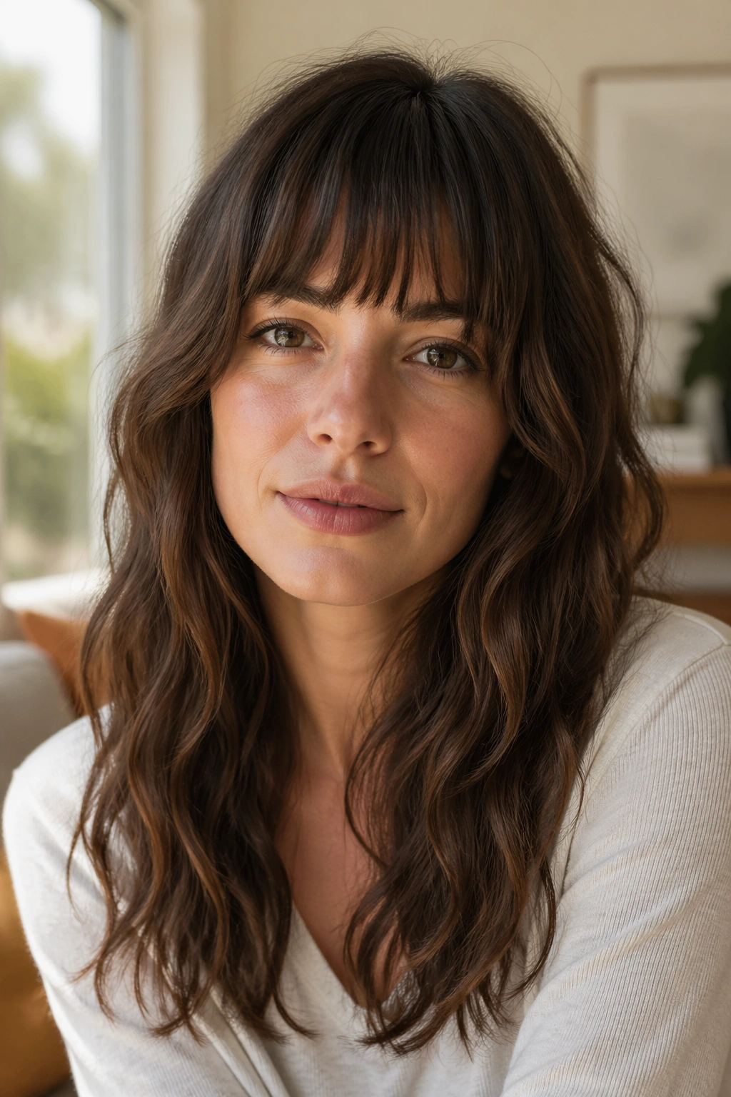 Close-up portrait of a real woman with soft blunt bangs and loose air-dried waves